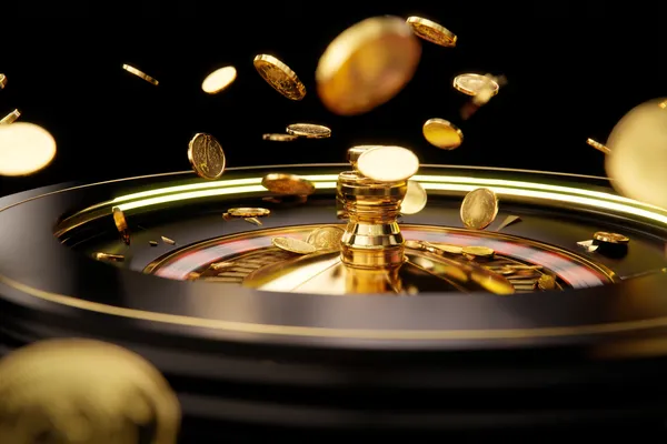A dramatic shot of winning sevens landing on a slot reel surrounded by shining gold coins, symbolizing big wins.